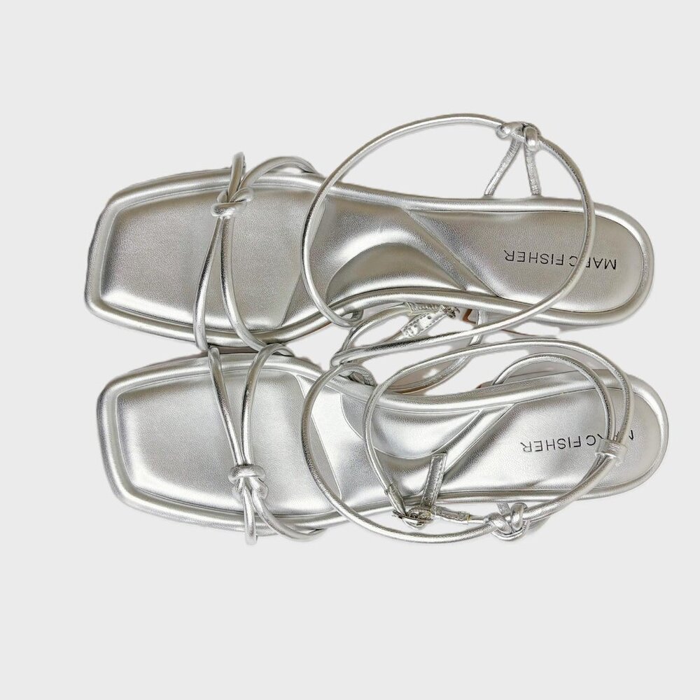 NWT Marc Fisher Gurion Silver Block Heel Sandals 9.5 Metallic Ankle Strap Party - Picture 4 of 13